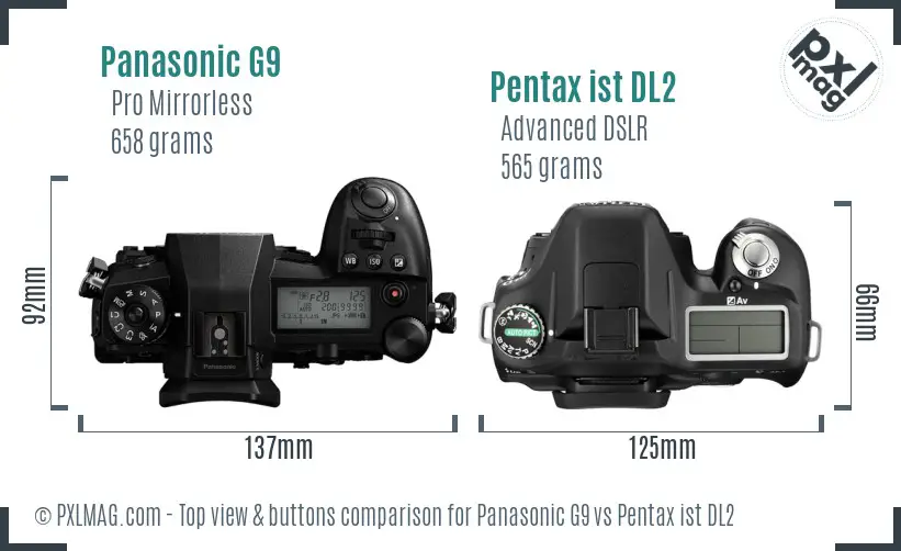 Panasonic G9 vs Pentax ist DL2 top view buttons comparison
