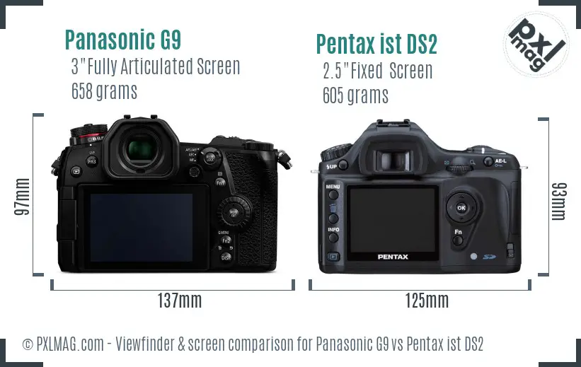 Panasonic G9 vs Pentax ist DS2 Screen and Viewfinder comparison