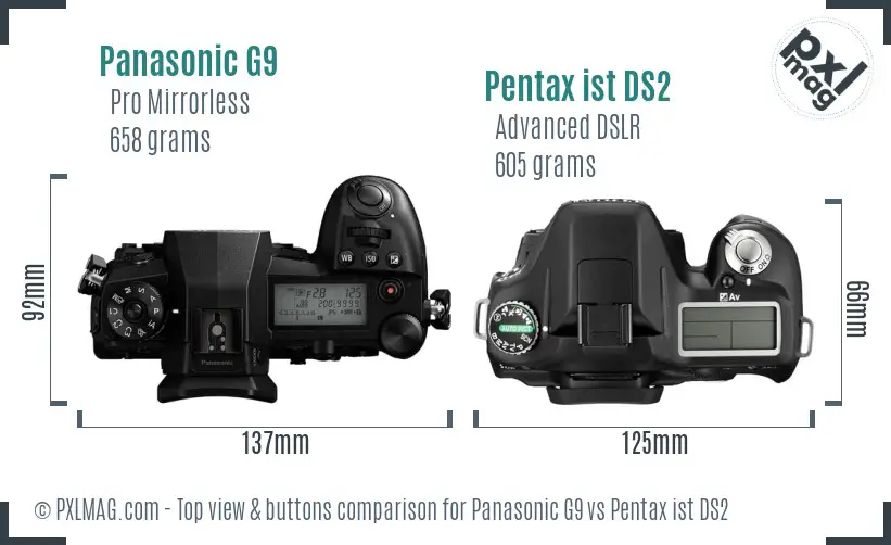 Panasonic G9 vs Pentax ist DS2 top view buttons comparison