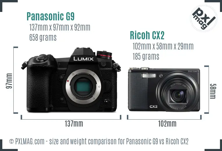 Panasonic G9 vs Ricoh CX2 size comparison