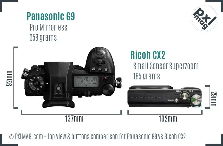 Panasonic G9 vs Ricoh CX2 top view buttons comparison