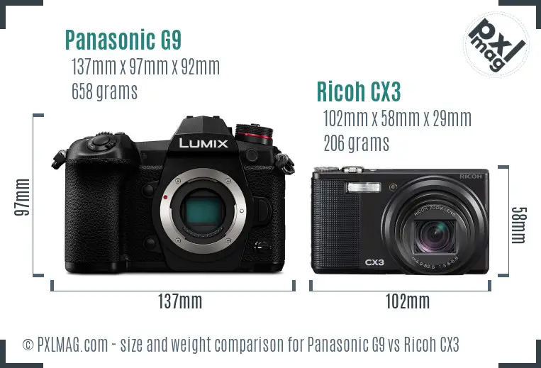 Panasonic G9 vs Ricoh CX3 size comparison