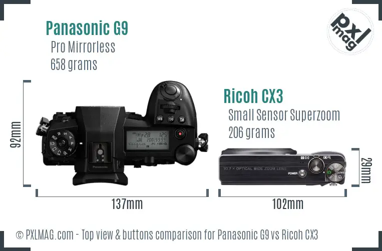 Panasonic G9 vs Ricoh CX3 top view buttons comparison