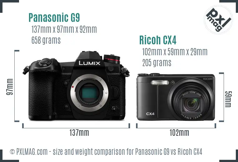 Panasonic G9 vs Ricoh CX4 size comparison