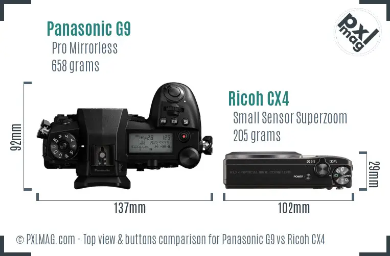 Panasonic G9 vs Ricoh CX4 top view buttons comparison