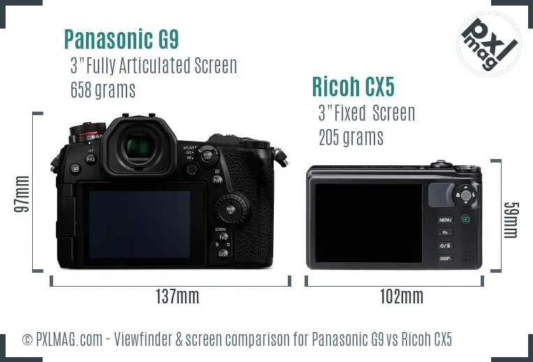 Panasonic G9 vs Ricoh CX5 Screen and Viewfinder comparison