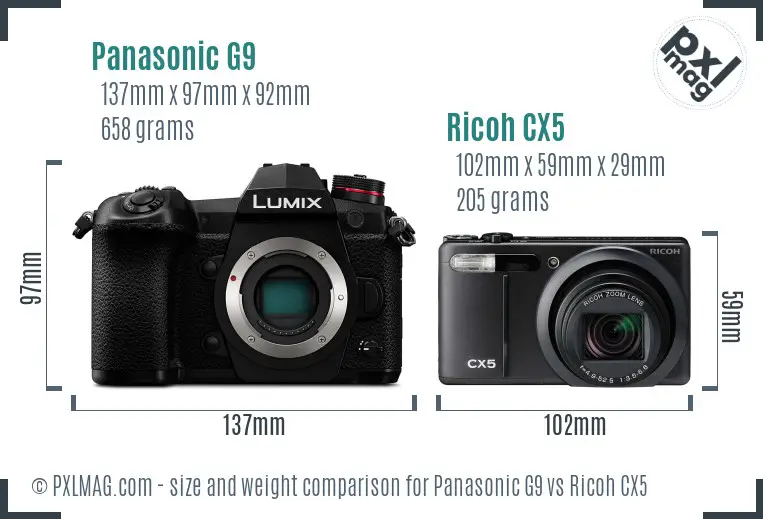 Panasonic G9 vs Ricoh CX5 size comparison