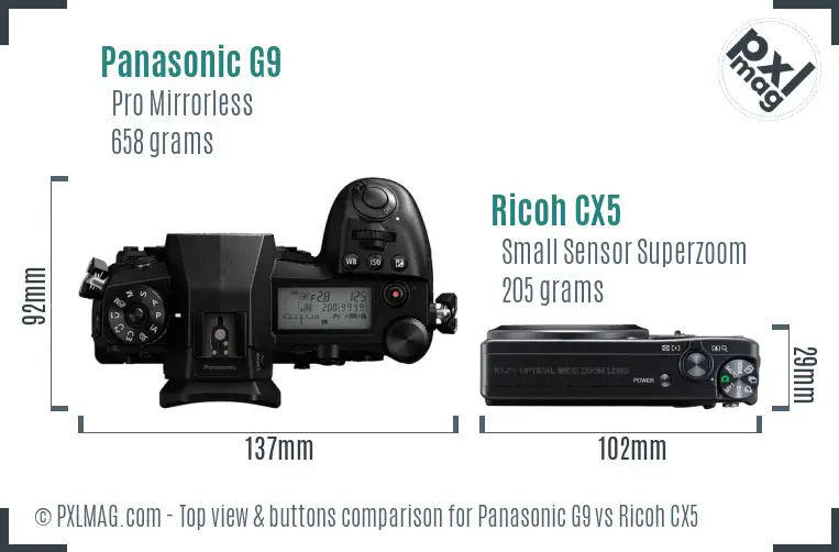 Panasonic G9 vs Ricoh CX5 top view buttons comparison