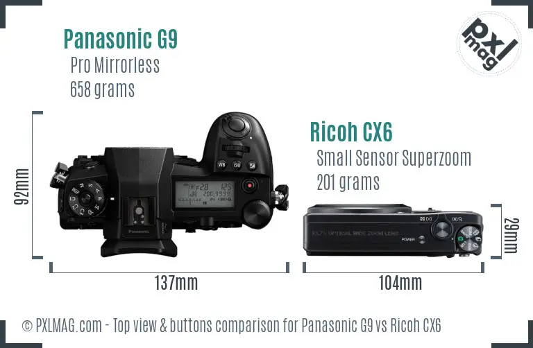 Panasonic G9 vs Ricoh CX6 top view buttons comparison
