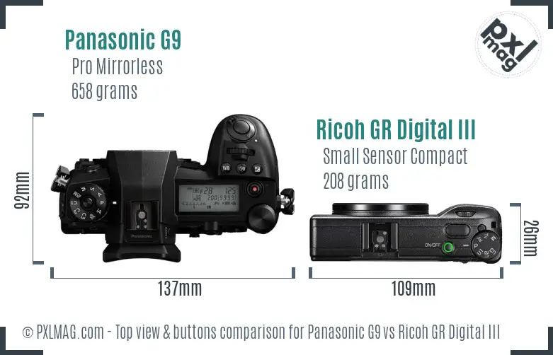 Panasonic G9 vs Ricoh GR Digital III top view buttons comparison
