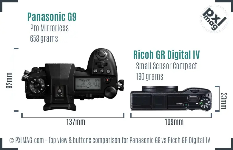 Panasonic G9 vs Ricoh GR Digital IV top view buttons comparison