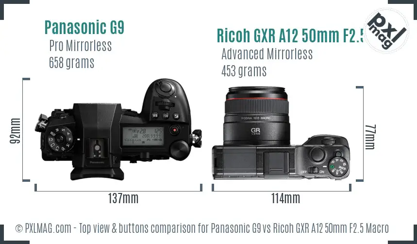 Panasonic G9 vs Ricoh GXR A12 50mm F2.5 Macro top view buttons comparison