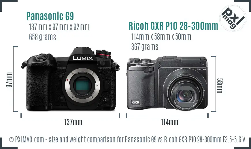 Panasonic G9 vs Ricoh GXR P10 28-300mm F3.5-5.6 VC size comparison