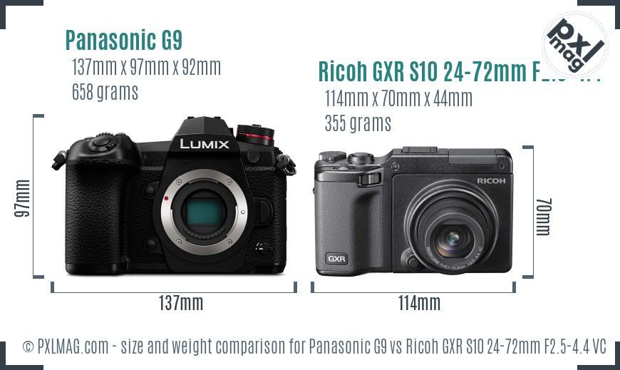 Panasonic G9 vs Ricoh GXR S10 24-72mm F2.5-4.4 VC size comparison