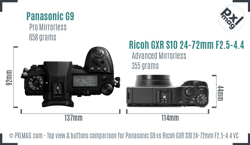 Panasonic G9 vs Ricoh GXR S10 24-72mm F2.5-4.4 VC top view buttons comparison