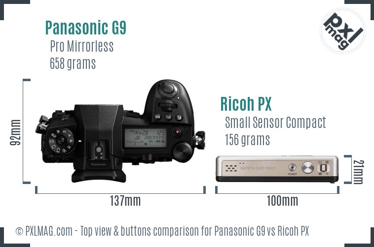 Panasonic G9 vs Ricoh PX top view buttons comparison