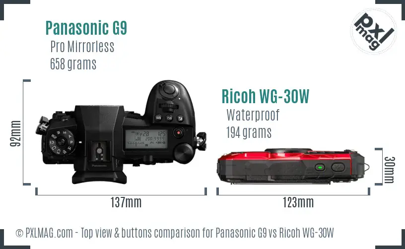 Panasonic G9 vs Ricoh WG-30W top view buttons comparison
