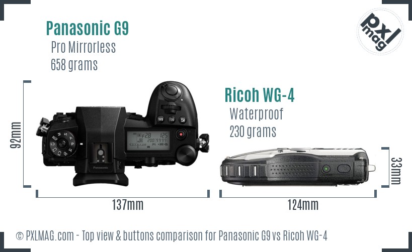 Panasonic G9 vs Ricoh WG-4 top view buttons comparison
