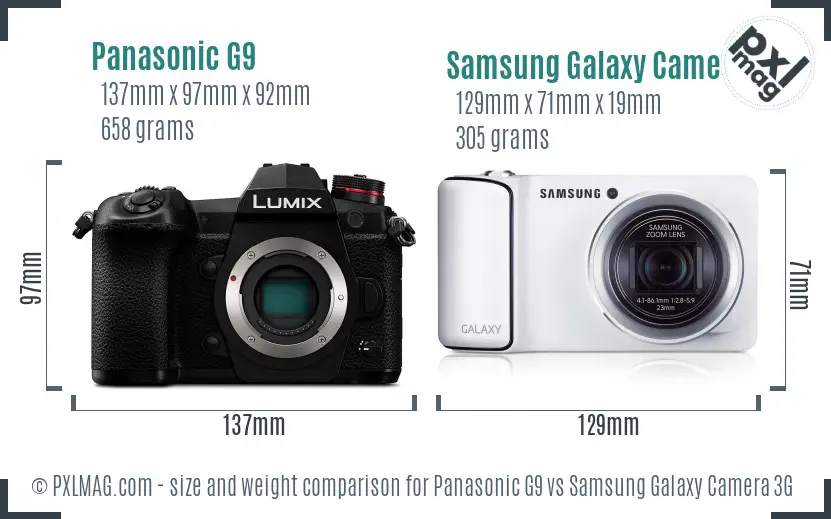Panasonic G9 vs Samsung Galaxy Camera 3G size comparison