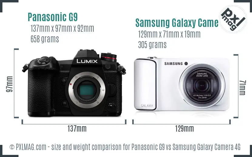 Panasonic G9 vs Samsung Galaxy Camera 4G size comparison Panasonic G9 vs Samsung Galaxy Camera 4G size comparison