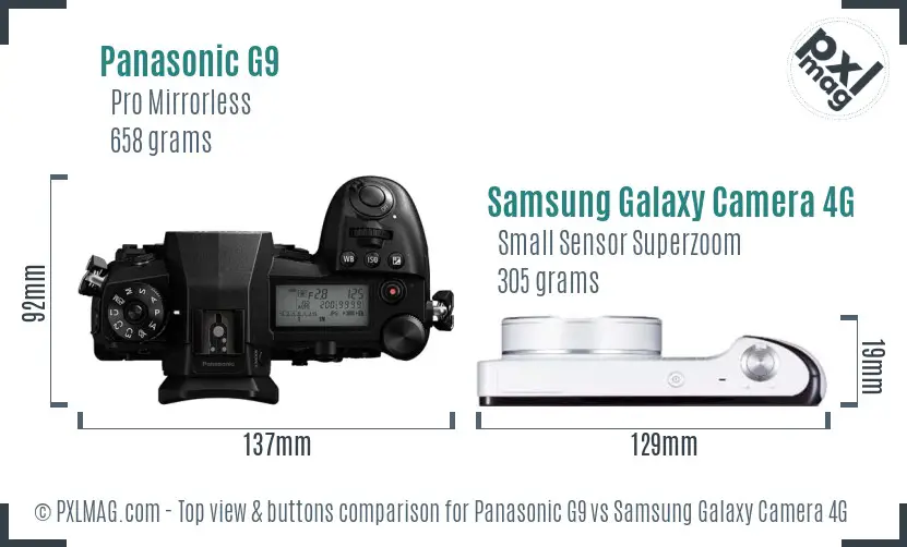 Panasonic G9 vs Samsung Galaxy Camera 4G top view buttons comparison Panasonic G9 vs Samsung Galaxy Camera 4G top view buttons comparison