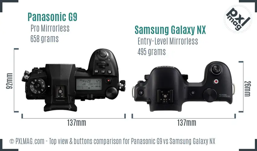 Panasonic G9 vs Samsung Galaxy NX top view buttons comparison