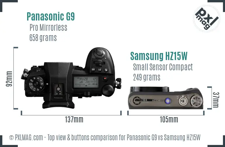 Panasonic G9 vs Samsung HZ15W top view buttons comparison Panasonic G9 vs Samsung HZ15W top view buttons comparison