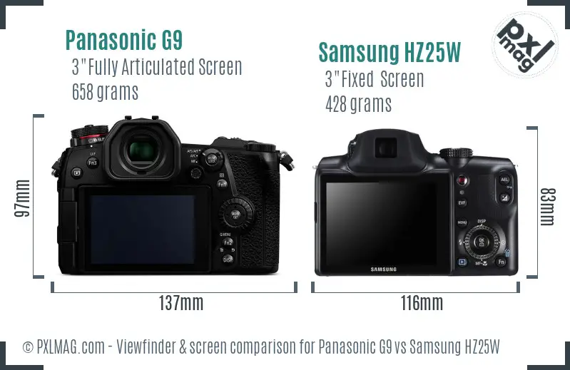 Panasonic G9 vs Samsung HZ25W Screen and Viewfinder comparison
