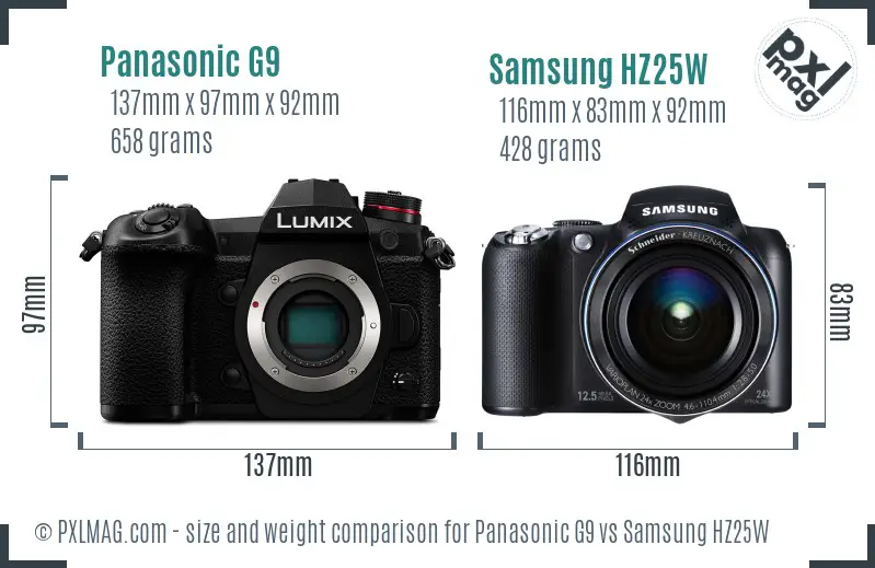 Panasonic G9 vs Samsung HZ25W size comparison