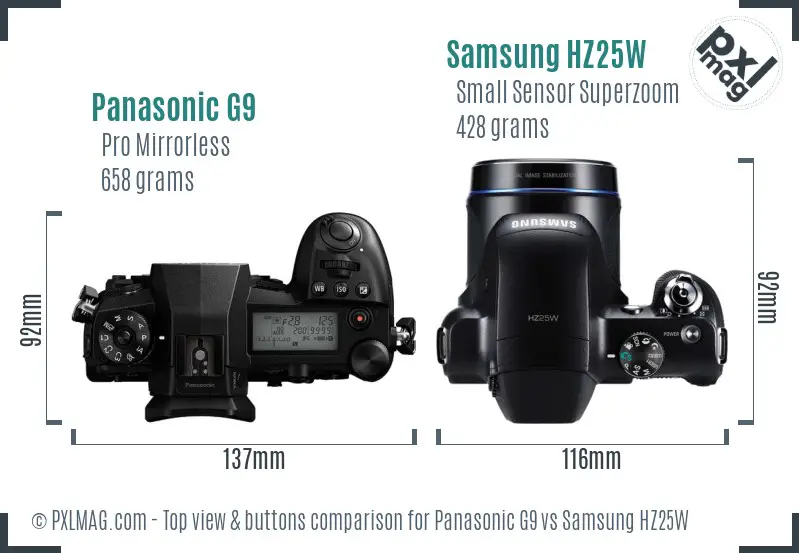 Panasonic G9 vs Samsung HZ25W top view buttons comparison