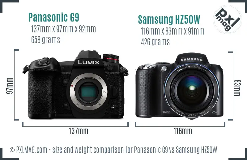 Panasonic G9 vs Samsung HZ50W size comparison