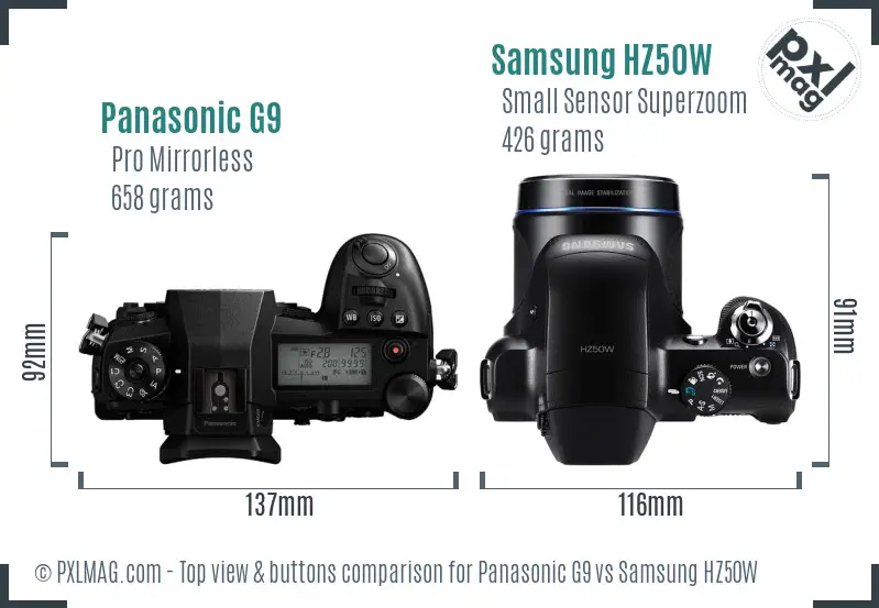 Panasonic G9 vs Samsung HZ50W top view buttons comparison