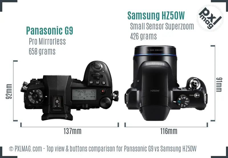 Panasonic G9 vs Samsung HZ50W top view buttons comparison Panasonic G9 vs Samsung HZ50W top view buttons comparison