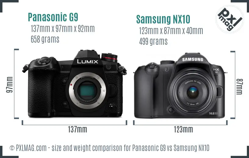 Panasonic G9 vs Samsung NX10 size comparison