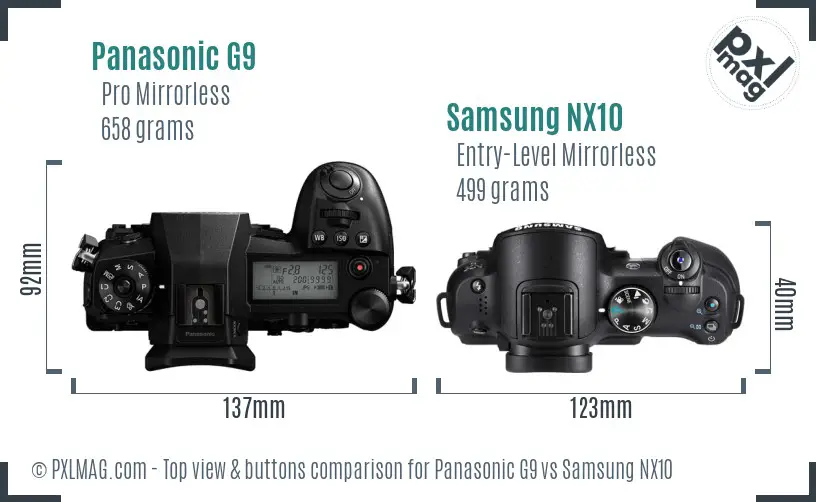 Panasonic G9 vs Samsung NX10 top view buttons comparison