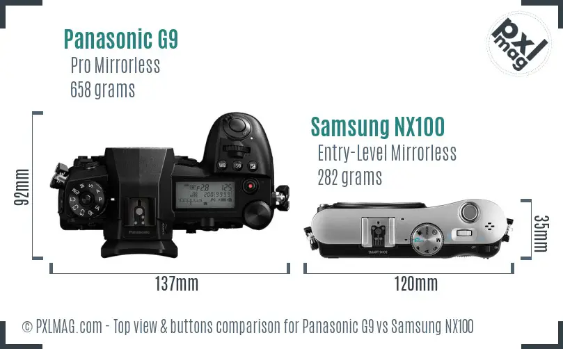 Panasonic G9 vs Samsung NX100 top view buttons comparison