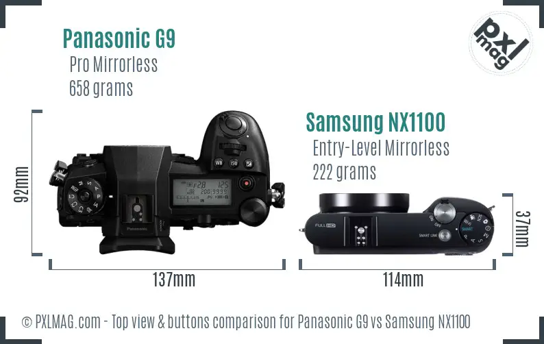Panasonic G9 vs Samsung NX1100 top view buttons comparison Panasonic G9 vs Samsung NX1100 top view buttons comparison