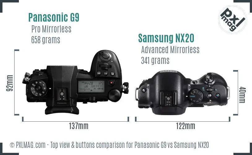 Panasonic G9 vs Samsung NX20 top view buttons comparison