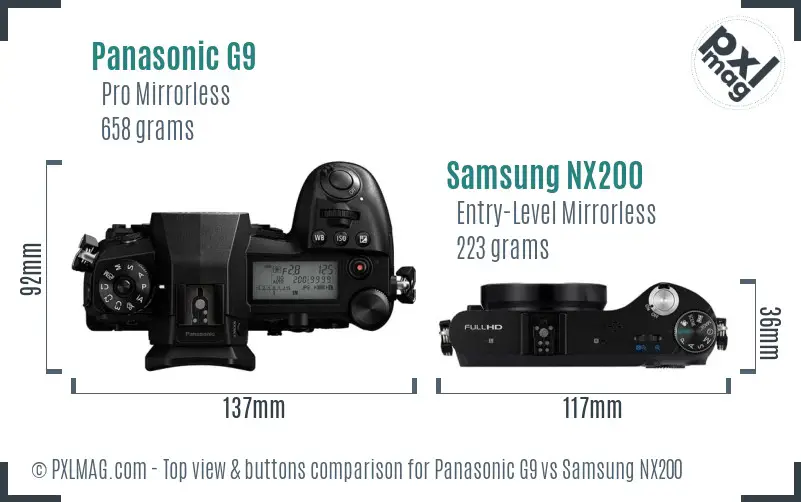 Panasonic G9 vs Samsung NX200 top view buttons comparison Panasonic G9 vs Samsung NX200 top view buttons comparison
