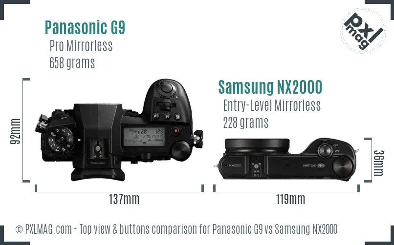 Panasonic G9 vs Samsung NX2000 top view buttons comparison