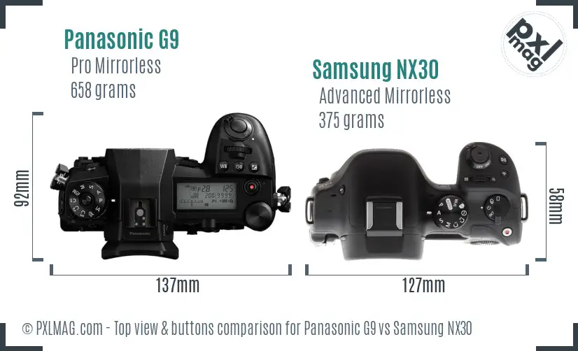 Panasonic G9 vs Samsung NX30 top view buttons comparison