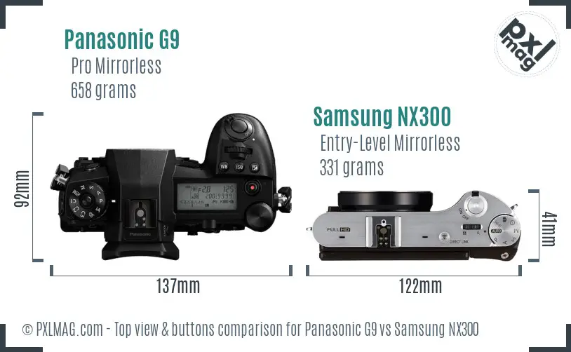 Panasonic G9 vs Samsung NX300 top view buttons comparison