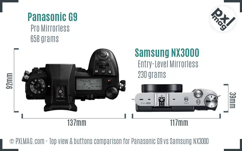 Panasonic G9 vs Samsung NX3000 top view buttons comparison