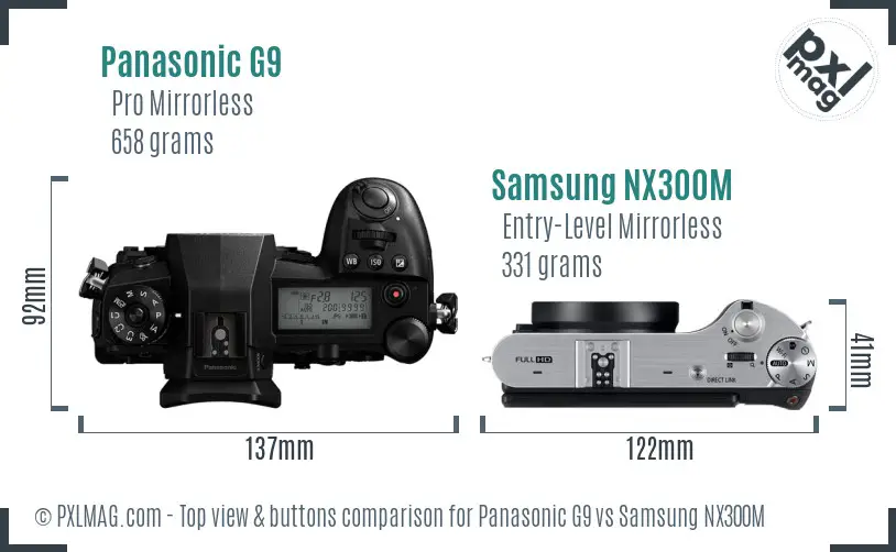 Panasonic G9 vs Samsung NX300M top view buttons comparison