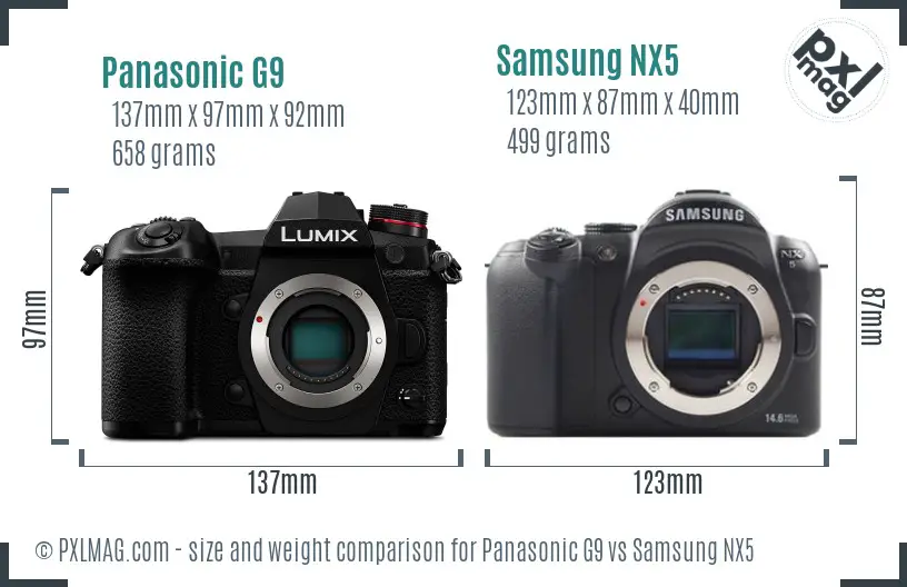 Panasonic G9 vs Samsung NX5 size comparison