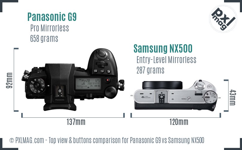 Panasonic G9 vs Samsung NX500 top view buttons comparison