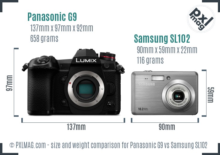 Panasonic G9 vs Samsung SL102 size comparison