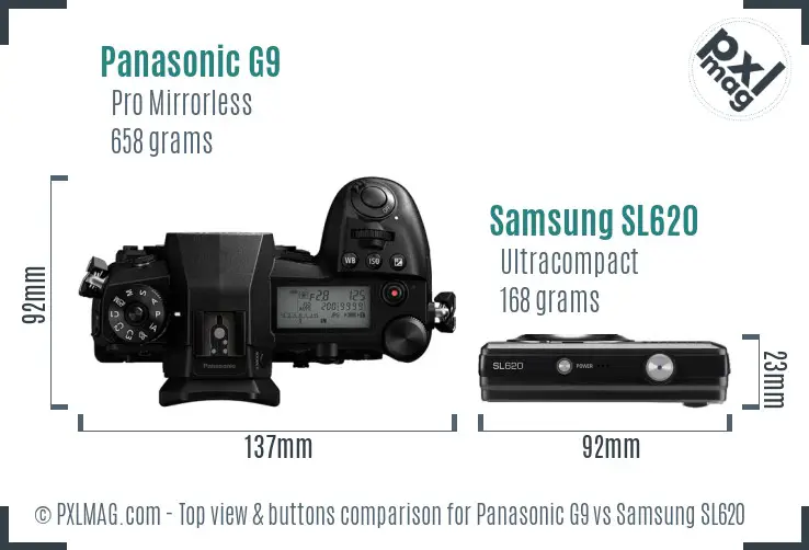 Panasonic G9 vs Samsung SL620 top view buttons comparison