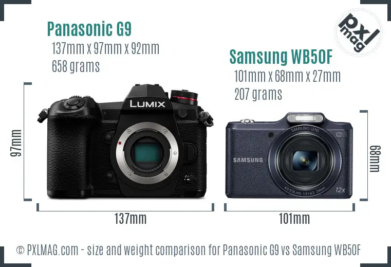 Panasonic G9 vs Samsung WB50F size comparison