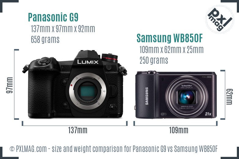 Panasonic G9 vs Samsung WB850F size comparison Panasonic G9 vs Samsung WB850F size comparison